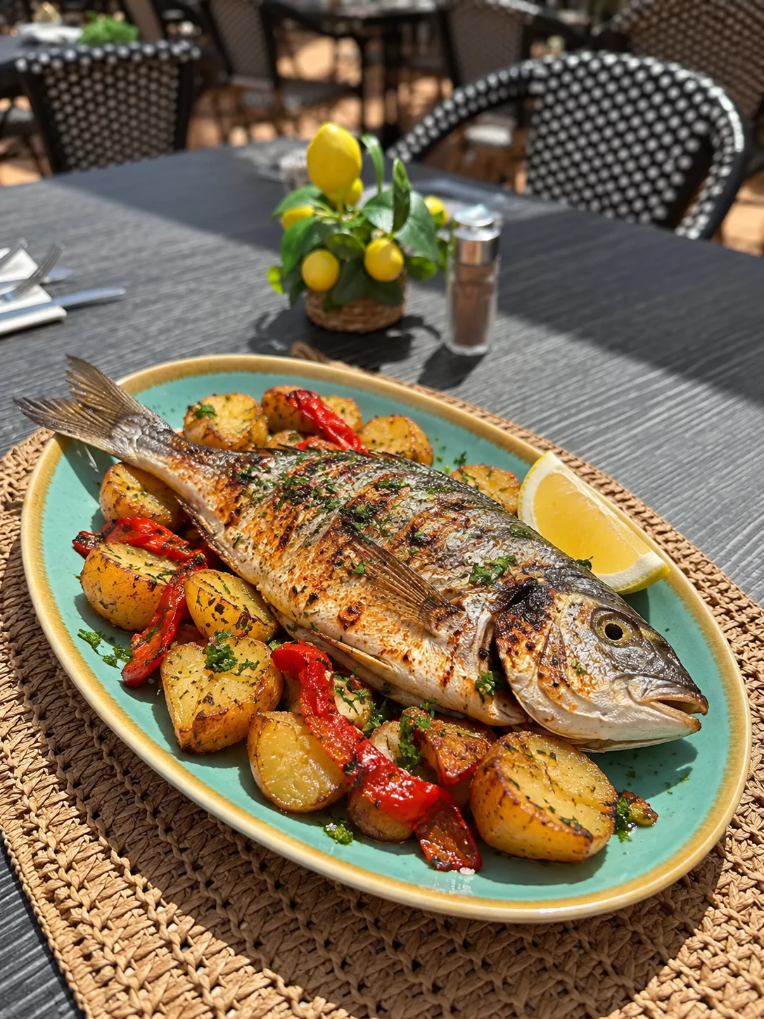 Dorada a la plancha con guarnición mediterránea